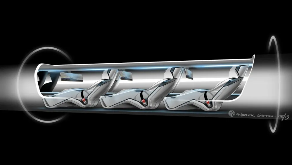 Drawing depicting passengers seated in three rows of very reclined seats, within a pod, the pod within a circular cross-section tube.