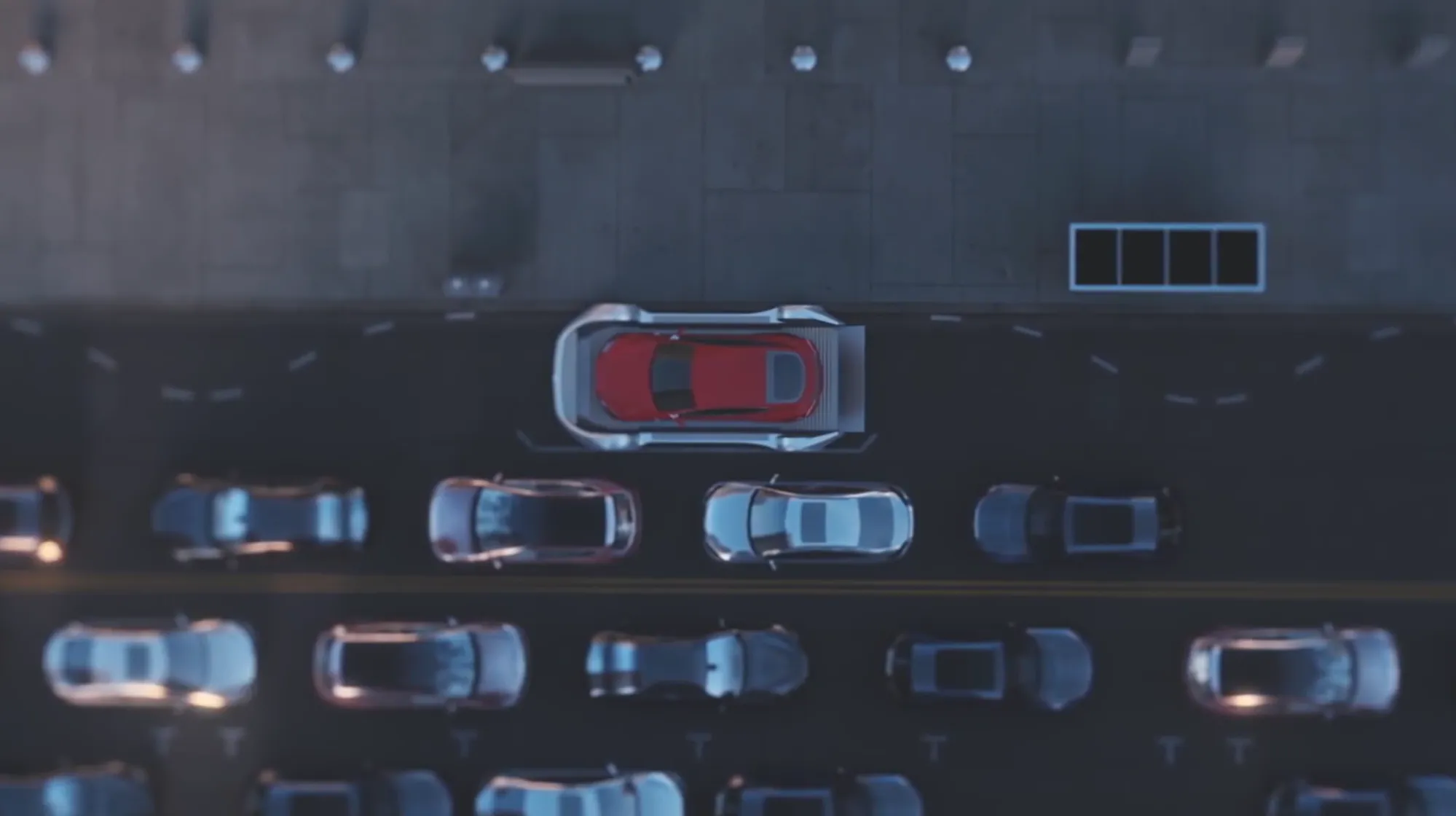 Illustration of a view looking vertically down on a city street. Traffic is nose to tail in both directions. At one side of the street a car is parked on a raised podlike structure slightly larger than the car itself.